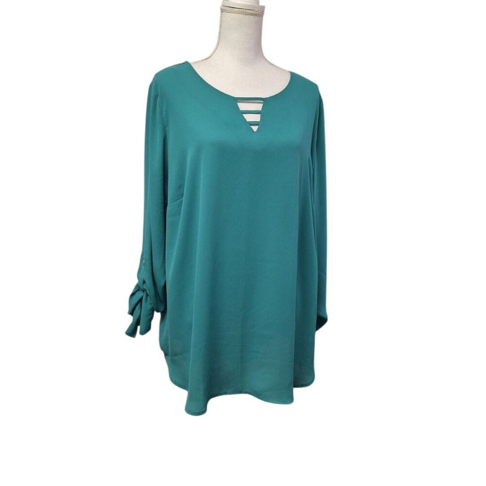 Apt 9 Blouse Long Sheer Green Womens‎ 1x V Neck Adjustable Sleeves Lightweight